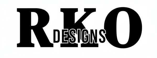 Black text 'RKO DESIGNS' on a white background